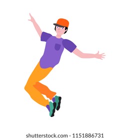Young flat teen boy in cap, sneakers dancing in hip hop rap street style. Male character icon style. Teen man dancer. Vector illustration