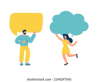 Young flat vector man and woman holding speech bubbles communication chat. Concept of announcement, advertising, promotion, business, empty template illustration.