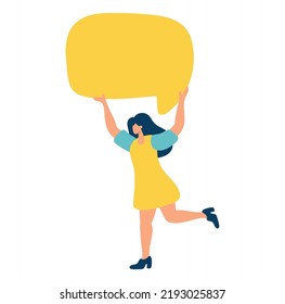 Young flat vector woman holding yellow speech bubble. Concept of announcement, advertising, promotion, business, demonstration, empty template illustration.