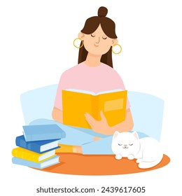 Young flat woman reading book at home with cat