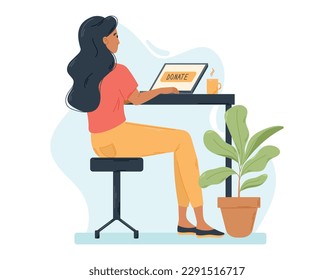 Young Flat Woman sitting at a desk with a laptop. Donation online. Cartoon design element, work or study at home office with potted plant.