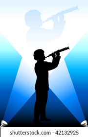 young flute/clarinet player under the bright lights background