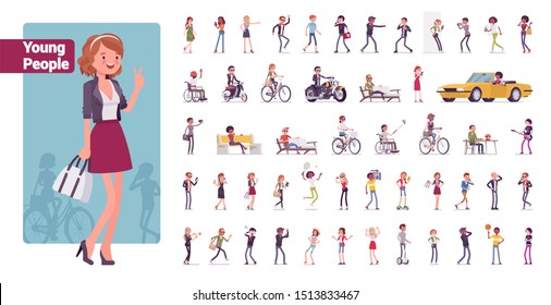 Young folks big bundle character set. Active people of nice appearance wearing modern clothing enjoying youth, life in sport and misic Vector flat style cartoon illustration isolated, white background