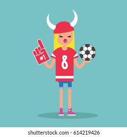 Young football fan wearing horned hat and foam finger / flat editable vector illustration, clip art