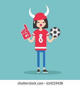 Young football fan wearing horned hat and foam finger / flat editable vector illustration, clip art