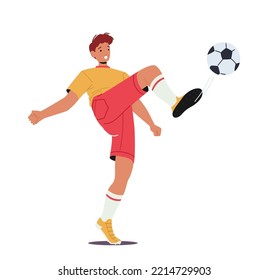 Joven jugador de fútbol en el equipo uniforme Kick Ball, Deportista durante la competencia de fútbol, Liga, Torneo. Vida deportiva, deportista en movimiento en el juego. Ilustración de vectores de personas de caricatura