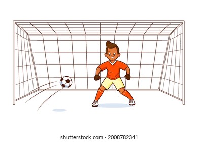 A young football player, the goalkeeper, stands at the gate, waiting for the ball to be served. Vector flat isolated illustration in cartoon style on the theme of football and sports