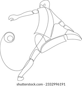 Young football player kicking the ball continuous one line drawing. Soccer match concept drawn by single line. Sports minimalist design vector illustration.