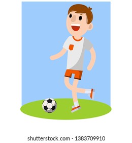 Young football player runs on the green lawn of the field with a soccer ball. Playing sport. Professional athlete in white red uniform. Summer Team game. Cartoon flat illustration