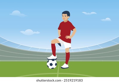 A young football player is standing in the stadium with his foot on the ball. The football team captain starts the match. Professional children's football. Children's football team