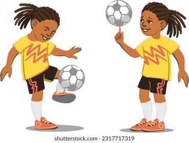 Young football player triks with ball, free style juggling. Set of vector illustrations isolated on white background.