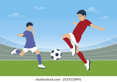 Young football players play football at the stadium. The boys compete for the ball. Professional children's football. Children's football team. Vector illustration. Flat design