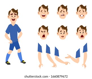 young footballer cartoon character set for your animation, design or motion with different facial emotions and hands