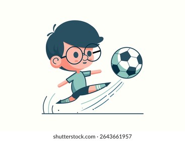 Jovem futebolista, futura estrela do futebol mundial, desesperadamente e com precisão chuta bola para o gol dos adversários. Ilustração de cor humorística do jogador de futebol do menino no fundo claro marcando o gol no salto