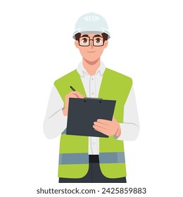 Young foreman in safety jacket taking notes on clipboard. Flat vector illustration isolated on white background