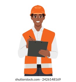 Young foreman in safety jacket taking notes on clipboard. Flat vector illustration isolated on white background