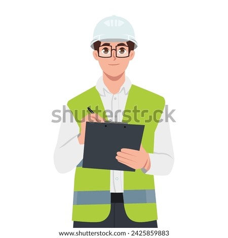 Young foreman in safety jacket taking notes on clipboard. Flat vector illustration isolated on white background