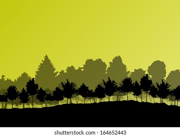 Young forest trees silhouettes natural wild landscape detailed illustration background vector