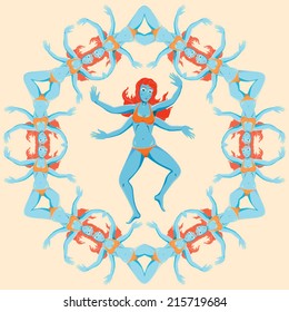 Young four-armed woman goddess dancing inside a kaleidoscope of her bodies vector illustration