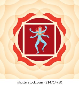 Young four-armed woman goddess practicing yoga inside chakra symbol vector illustration