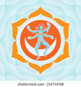 Young four-armed woman goddess practicing yoga inside chakra symbol vector illustration