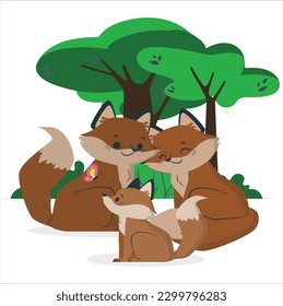 Young fox with his mother and father- family fox. A beautiful scene of wildlife in nature with foxes family. A red fox family sitting in their natural environment with a mother fox and her cups.