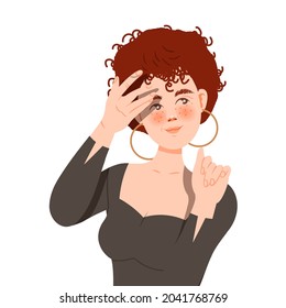 Young Freckled Woman Character with Curly Hair Posing for Selfie Smiling for the Camera Vector Illustration