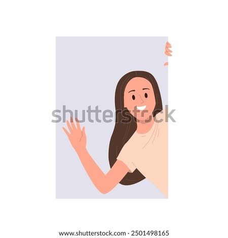 Young freelance cartoon character looking out peeking from window rectangle shape isolated on white