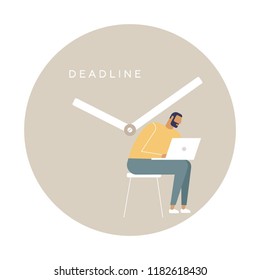 Young freelance programmer suffers from deadline. Vector illustration with business concept. Flat design, white background isolated 