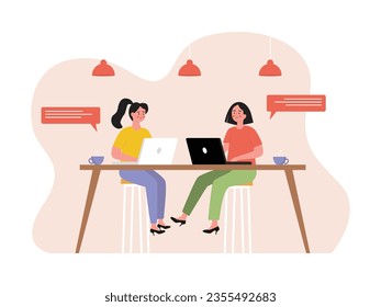 Young freelance women working friends with laptops sitting in cafe. Drink coffee together and have fun talking. Character design. Vector flat illustration
