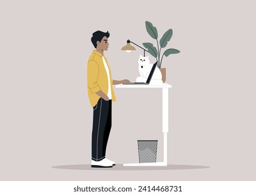 A young freelancer diligently working from home, their desk thoughtfully adjusted to a standing position, a setup believed to be beneficial for spinal health