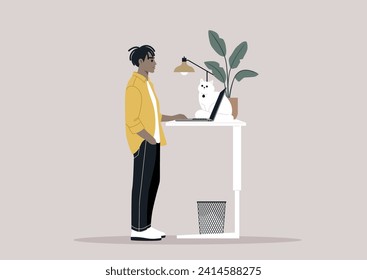 A young freelancer diligently working from home, their desk thoughtfully adjusted to a standing position, a setup believed to be beneficial for spinal health
