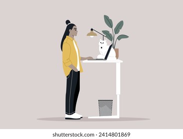 A young freelancer diligently working from home, their desk thoughtfully adjusted to a standing position, a setup believed to be beneficial for spinal health