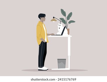 A young freelancer diligently working from home, their desk thoughtfully adjusted to a standing position, a setup believed to be beneficial for spinal health