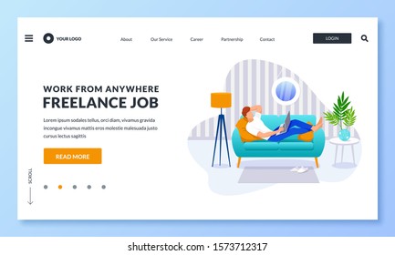 Young freelancer entrepreneur works on laptop at home. Vector modern illustration for web landing page, banner, poster design. Remote online job and freelance work from anywhere concept.