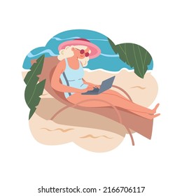 Young freelancer girl is sitting on a sun lounger with a laptop. Cartoon female character working remotely on the beach. Woman on the seashore. Flat vector illustration. All elements are isolated.