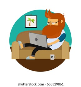 Young freelancer hipster man working character sitting on sofa with laptop computer. Vector modern flat style cartoon illustration icon. Isolated on white background. Freelance, home work concept