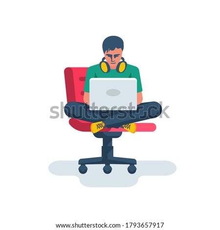 Young freelancer with a laptop sits on a chair. Work from home. Creative worker. Professional programmer coding with laptop. Vector illustration flat design. Isolated on white background.