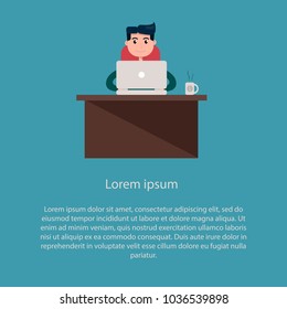 Young freelancer man sitting and working on laptop computer. Freelance work, home office concept. Vector illustration.