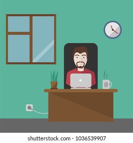 Young freelancer man sitting and working on laptop computer. Freelance work, home office concept. Vector illustration.