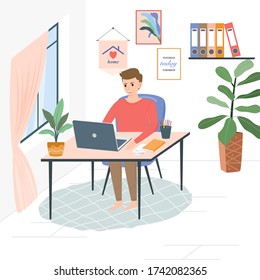 Young Freelancer Man stay home. What young man does while stay home. People working at home. home office. Flat style vector illustration