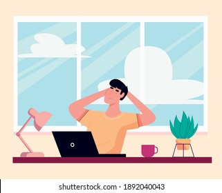 Young freelancer man working at laptop and take a time for the rest. Concept of video conference, online meeting and remote work from home. Flat design Illustration. Vector.