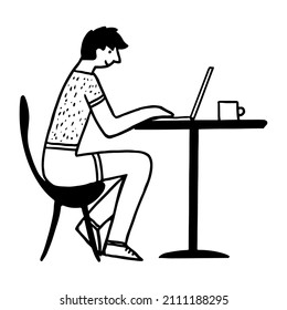 Young freelancer man working on laptop in cafe, coloring book vector illustration in ink style