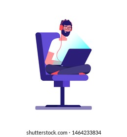 Young freelancer programmer coding with laptop. Vector geek character isolated on white background. Illustration of programmer coding, freelancer professional