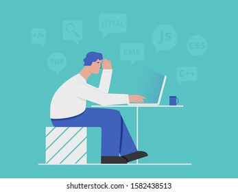 Young freelancer programmer coding with laptop. Illustration of programmer coding, freelancer professional, PHP, HTML, C ++, CSS, Js