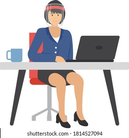 Young freelancer is sitting on  executive chair with laptop and cup of coffee or tea at office concept vector Icon Design, Lady wearing coronavirus medical face shield while working illustation, New n