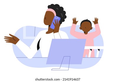 Young freelancer woman trying to work at home with her infant child distracting her, freelancing african american woman sitting at her desk talking on the phone, using laptop, home office, vector art