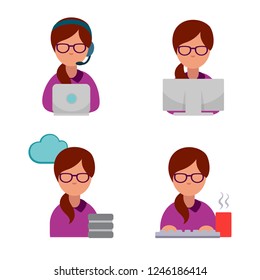 Young freelancer woman using laptop computer, keyboard, monitor, cloud and drinking coffee or tea. operator, teacher, accountant, programmer, administrator, secretary, banker, copywriter. Vector geek