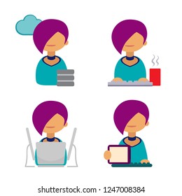 Young freelancer woman using laptop computer, keyboard, monitor, cloud and drinking coffee or tea. operator, teacher, accountant, programmer, administrator, secretary, banker, copywriter. Vector geek