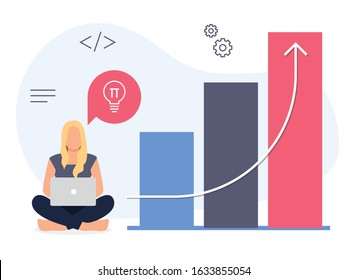 Young freelancer woman using laptop computer sitting on the floor. Flat style vector illustration of business for web page, social media, documents, posters. Woman at laptop.